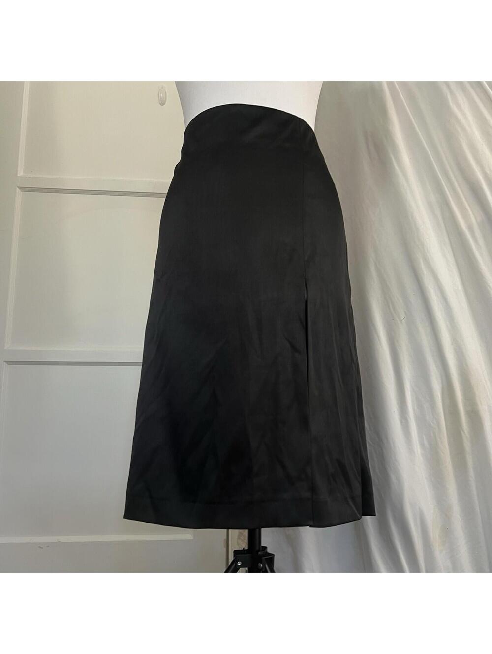 River Island Black Satin Midi Skirt XL Sz 16 Side Slit High Waist Sleek Office